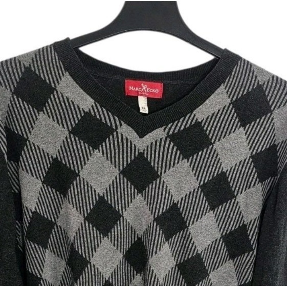 Marc Ecko Cut & Sew Argyle Sweater Size XL Black Heather Gray Long Sleeve